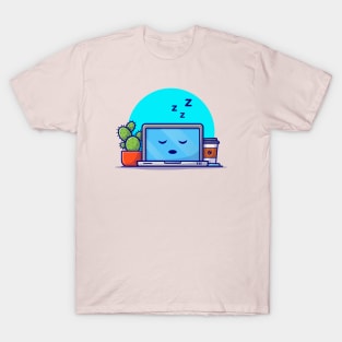 Sleeping Laptop With Cactus And Coffee Cartoon Vector Icon Illustration T-Shirt